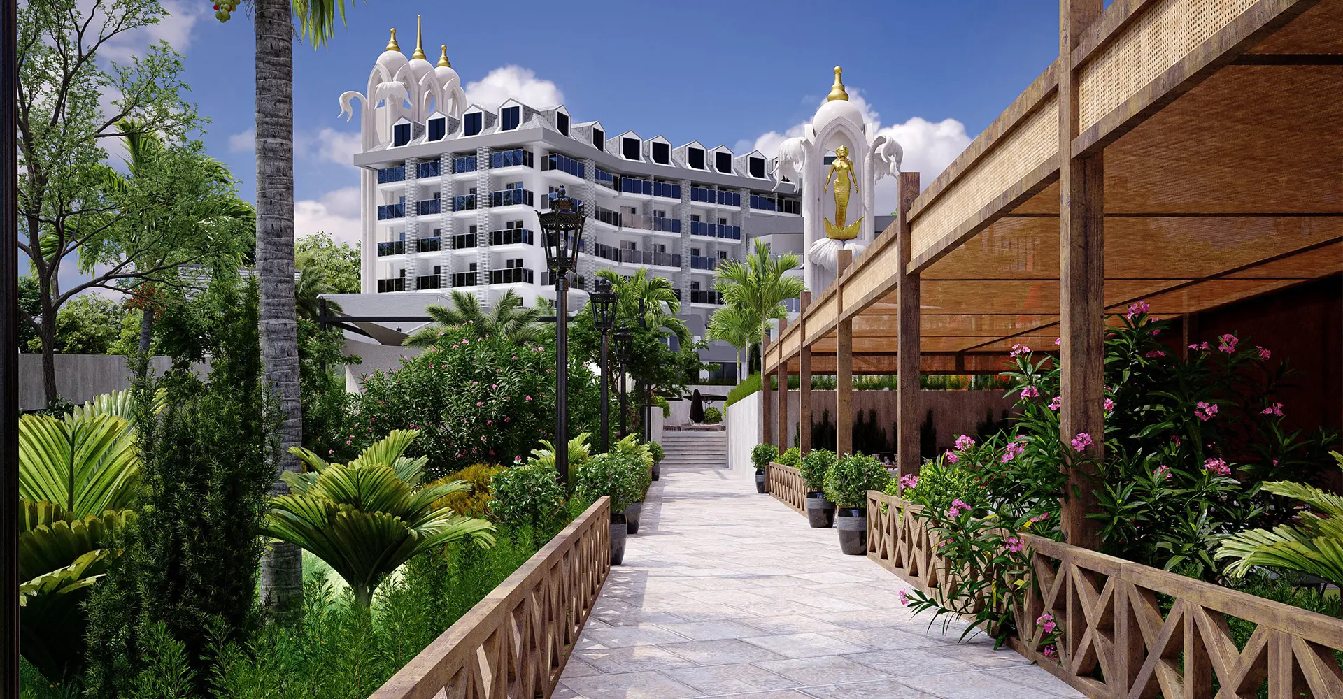 Фасадата на хотела с дървена тераса и зелена алея с палми – Seaphoria Beach Resort (16+), Алания