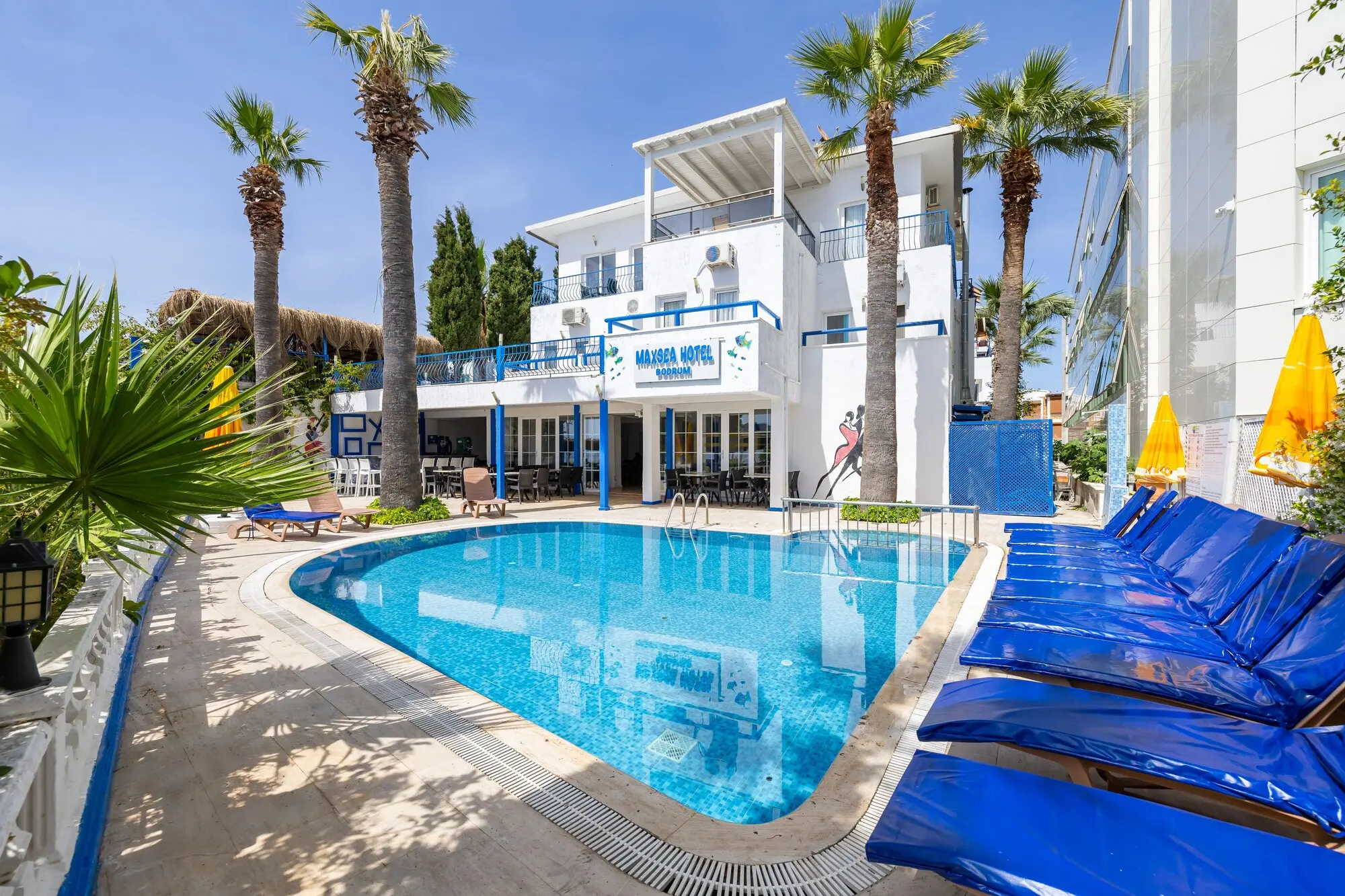 Открит басейн със сини шезлонги и палми пред бялата сграда – Maxsea Beach Hotel, Бодрум
