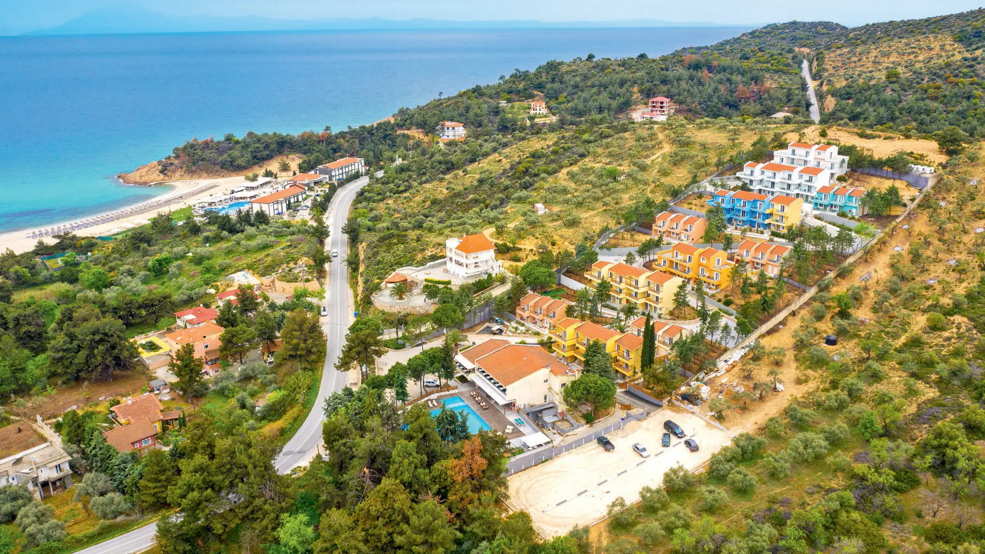 Въздушен изглед към хотела на зеления склон над морето и плажа – Zoe Hotel, Тасос