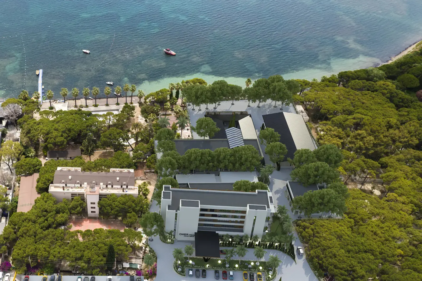 Хотелът сред борова гора на брега на морето, сниман отвисоко – Omer Prime Holiday Resort, Кушадасъ